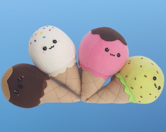 Kawaii Ice Cream Cone Pluche, Cute Food Pillow, Mint Chocolate Chip, Vanille, Chocolade, Aardbei, Play Food Toy, Handgemaakt