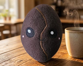 Kawaii Coffee Bean Plush, Handmade Embroidered Fleece Pillow, Play Food Toy