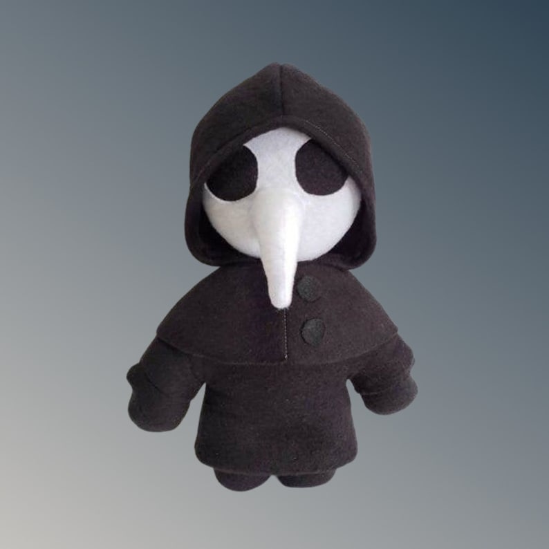 May include: A soft toy plague doctor, with a black hooded cloak and a white, beak-shaped mask. The doll has two black buttons on the front of the cloak and small, rounded arms. The background is a grey and blue gradient.