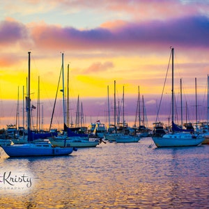 Evening Harbor at Sunset - boats ships purple yellow water ocean photography