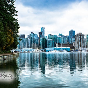 City by the Water - Vancouver Canada reflection boats water blue sky trees photography