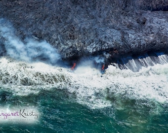 Lava caliente - volcán Hawaii olas del océano olas fotografía de vapor