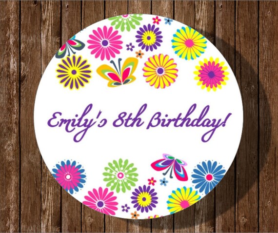 12 Printed And Mailed Butterfly And Flowers Birthday Party Stickersroundpersonalizedlabelslollipopsfavorsshowercustom Made