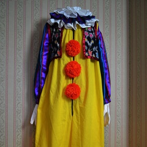 May include: A yellow clown costume with a white ruffle collar, purple and blue sleeves, and three red pom-poms down the front.