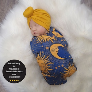 Baby swaddle set, Celestial Baby Wrap, Swaddle and hat Set, Sunshine baby gift, Moon Baby Shower Shawl, New Baby Blanket and Hat Set Gift