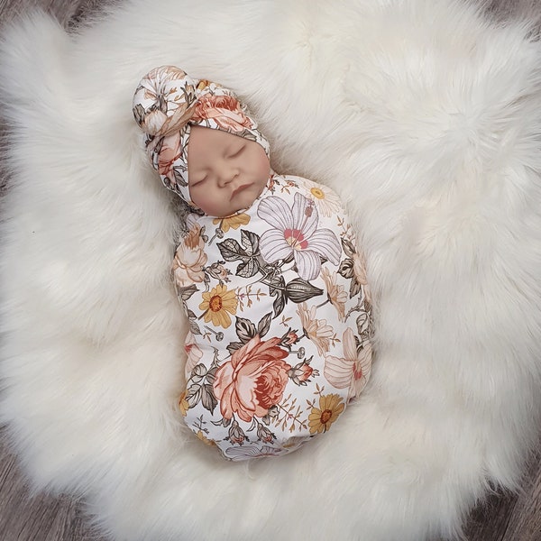 Baby Mädchen Swaddle Set, Floral Swaddle Decke mit Schleife Stirnband, Neues Baby Geschenk, Schwangerschaftansage, Neues Baby Mädchen Geschenk, Babydecke