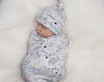 Paper Planes Baby Swaddle and Knotted Hat Set