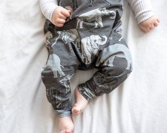 Organic Toddler & Baby Romper - Elephants Romper - Toddler Dungarees - Toddler Romper - Organic Baby Clothing - Baby Dungarees - Grey Baby
