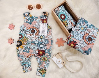 Baby Girl Dungarees, Floral Dungarees, Floral Baby Dungarees, Bright Floral Baby Clothes, Floral Baby Girl Outfit, Floral Toddler Romper