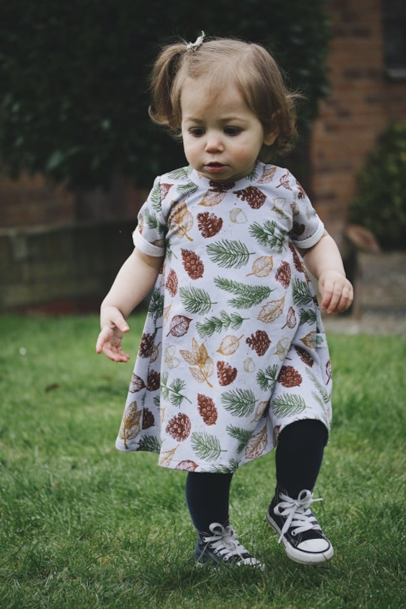 Organic Baby Dress Leaves T-shirt dress baby girl outfit newborn baby outfit summer dress toddler dress Organic kids Grey Autumn image 1