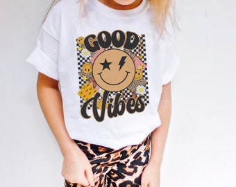 Kid's Good Vibes Tshirt - Leopard Print - Unisex Slogan Top - Smiley Face T-shirt - Kid's Skate Clothes - Boys Printed Top - Girls Clothing