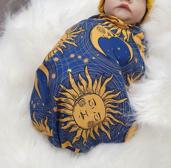Celestial Baby Swaddle Gift Set, Sun and Moon Swaddle Blanket with Mustard Hat & Headband, Newborn Swaddle Wrap with Turban, Unisex Swaddle