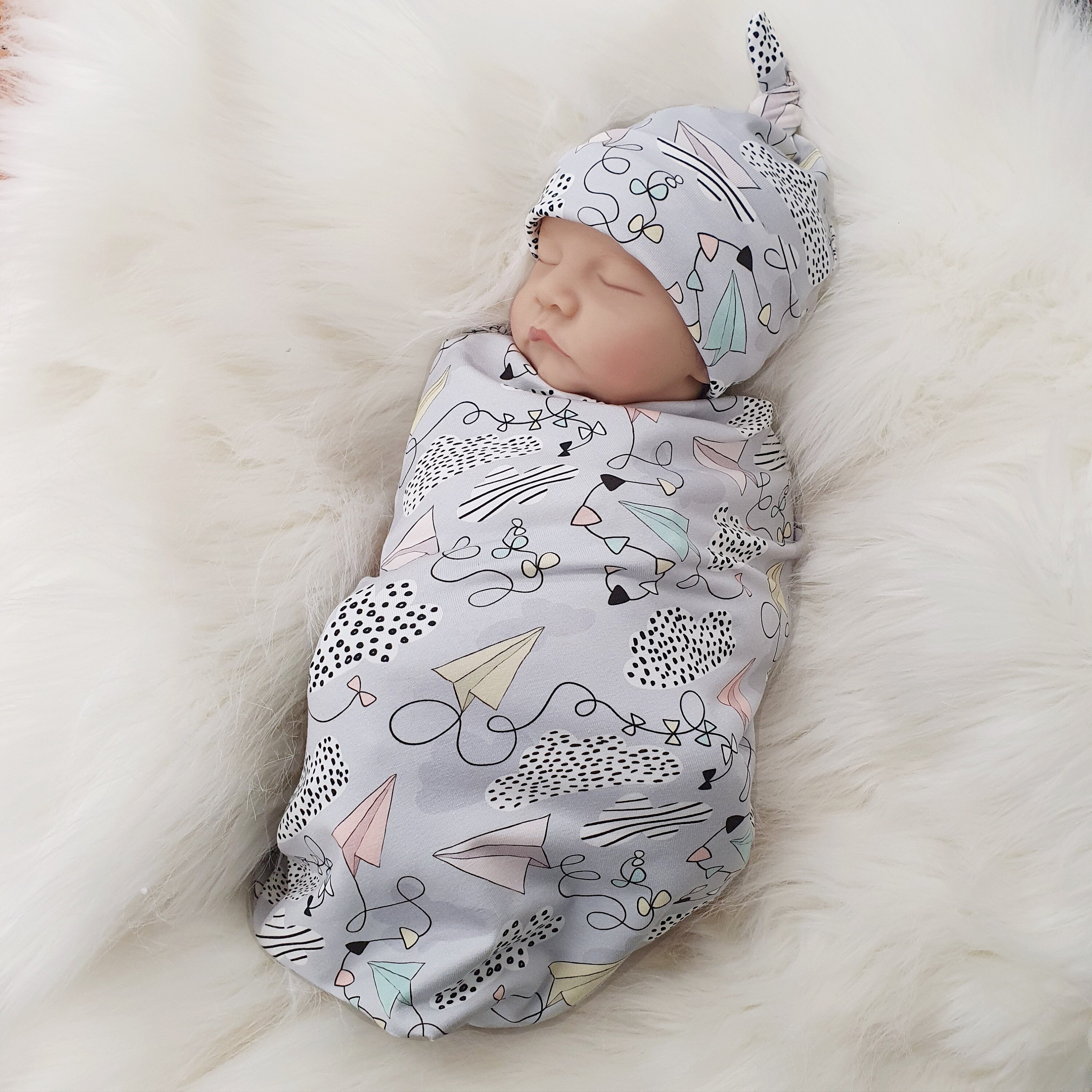 Unisex Baby Swaddle & Hat Set - Paper Planes Blanket - Baby