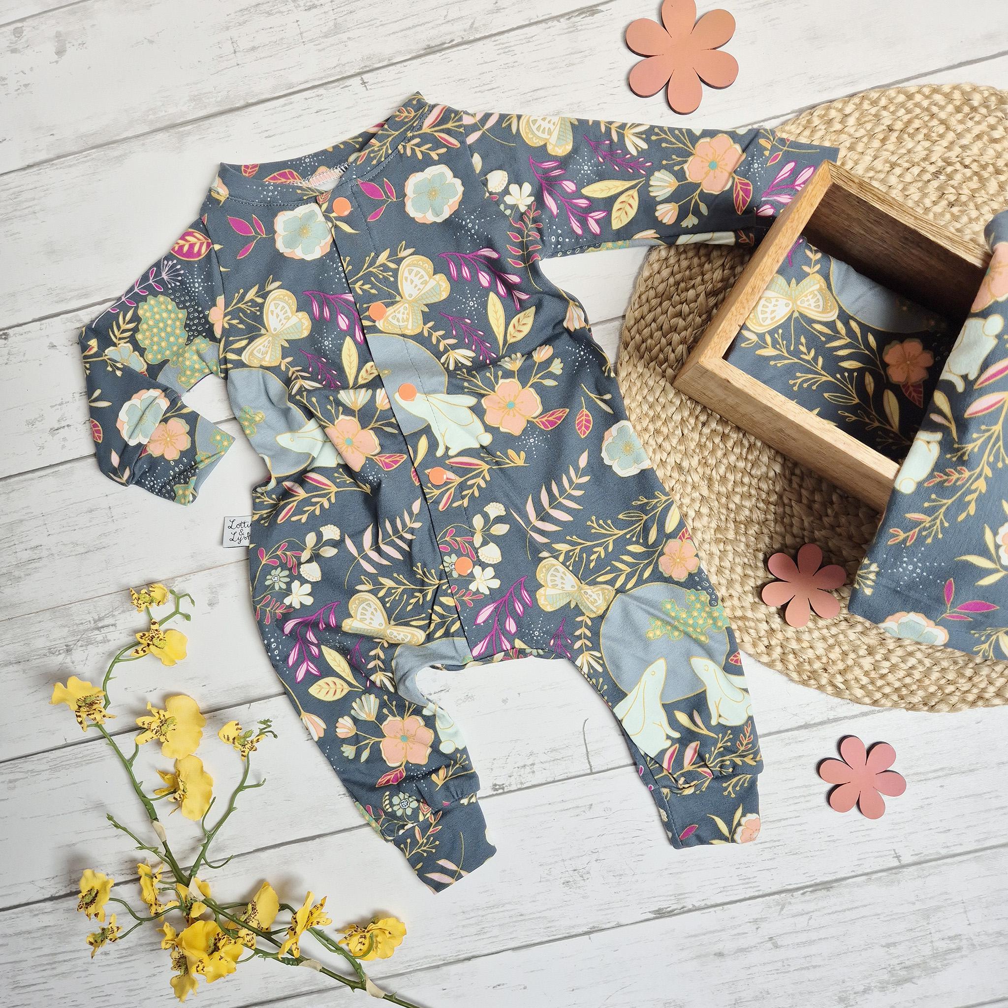 Floral Bunny Print Baby Romper: Soft Cotton Outfit, UK Made