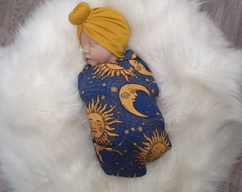 Regalo celestial para bebé recién nacido, juego de manta y gorro para envolver al bebé, juego de regalo para bebé recién nacido, manta para envolver al bebé, manta de estrellas y luna, regalo para bebé niño