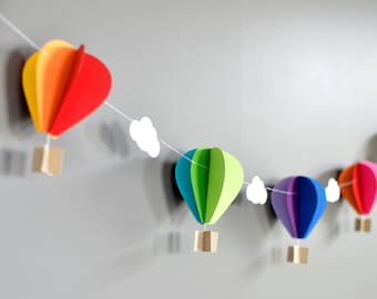Hot Air Balloon Garland, Up Up and Away, SINGLE Horizontal Strand  Rainbow, Birthday Party Decor, Nursery Decor, Photo prop, Shower Decor