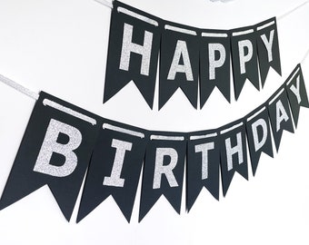 HAPPY BIRTHDAY Banner, Black and Silver Birthday Banner, Birthday Party Decor, Photo Prop