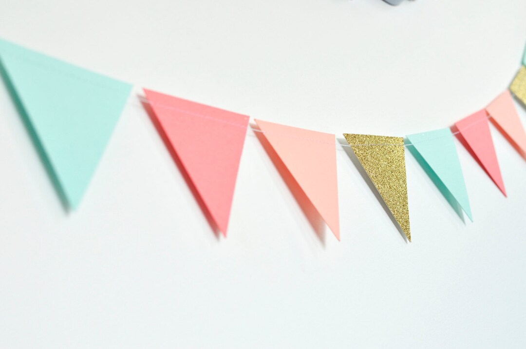 Coral Peach Mint Gold Flag Bunting, Paper Garland, Birthday Party Decor ...