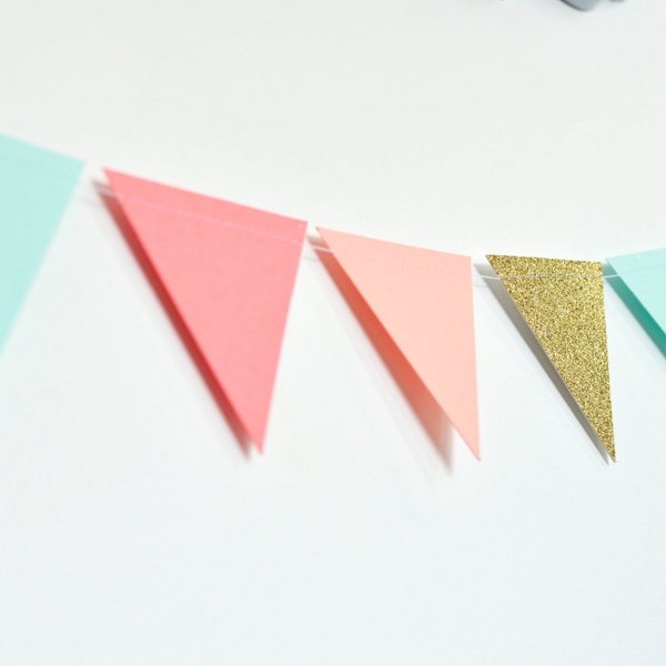 Coral Peach Mint Gold Flag Bunting, Paper Garland, Birthday Party Decor, Wedding Decor, Shower Decor, Nursery