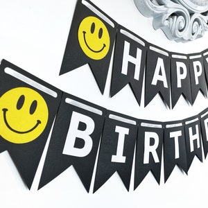 HAPPY BIRTHDAY Banner, Black and white, smiley, emoji Birthday Banner, Birthday Party Decor, Photo Prop