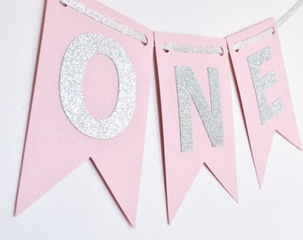 ONE, Pink and Silver Year Banner, High Chair Banner, Birthday Banner, Photo Prop, First Birthday