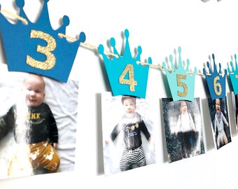 Crown Milestone Monthly Photo Banner, Aqua Blue Gold, First Year, Crown Banner, Little Prince Birthday Party Decor, Photo Prop