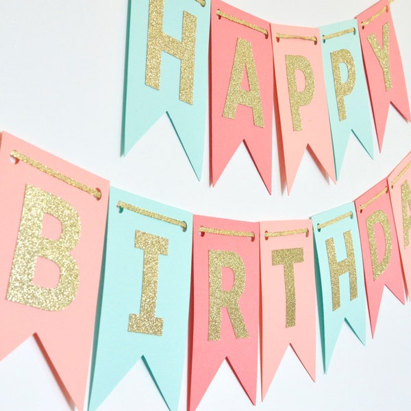 Mint, Coral, Peach (Light Coral) and Gold Birthday Banner, Birthday Party Decor, Photo Prop