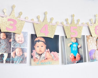 Crown Milestone Monthly Photo Banner, Pink and Gold  First Year, Crown Banner, Princess Birthday Party Decor, Photo Prop