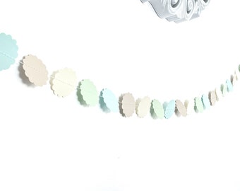 Scalloped vintage style garland, 5 ft, seafoam green beige ivory, birthday decor, wedding decor, shower decor, neutrals