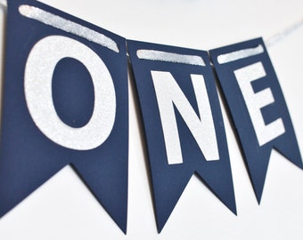 ONE, Navy and Silver Year Banner, High Chair Banner, Birthday Banner, Photo Prop, First Birthday