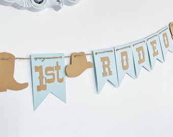 Western, cowboy 1ST RODEO with name Banner, blue brown Birthday Banner, Birthday Party Decor, Photo Prop