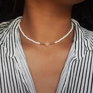 White Beaded Choker, Stone Choker, Seed Bead Choker, White Bead Choker, Gold Beaded Choker, Rose Quartz Necklace, Boho Bead Choker