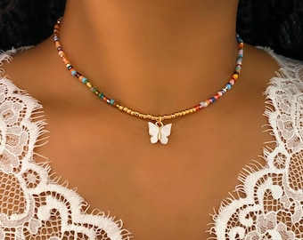 Rainbow Beaded Choker, Seed Choker, Colourful Bead Choker, Butterfly Choker, Rainbow Seed Necklace, Boho Bead Choker, Butterfly Necklace