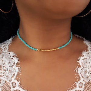 Turquoise Seed Choker, Gold Seed Choker, Turquoise Beaded Choker, Turquoise Bead Necklace, Dainty Gold Choker, Gold Seed Bead Choker