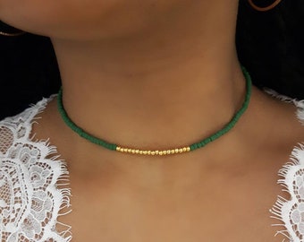 Seed Bead Choker, Green Beaded Choker, Gold Seed Choker, Stretch Cord Choker, Dainty Seed Choker, Matte Beaded Choker, Green and Gold Choker