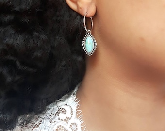 Green Turquoise Earrings, Green Turquoise Hoops,  Turquoise Charm Hoops, Silver Charm Hoops, Silver Charm Earrings, Turquoise Charm Earrings