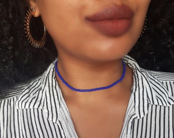 Blue Beaded Choker, Blue Seed Choker, Blue Seed Necklace, Seed Bead Choker, Blue Stretch Choker, Dainty Blue Choker