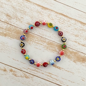 Millefiori Glass Bracelet, 14K Gold-Filled Bracelet, Millefiori Jewelry, Millefiori Glass Jewelry, Rainbow Beaded Bracelet, Gold Bracelet