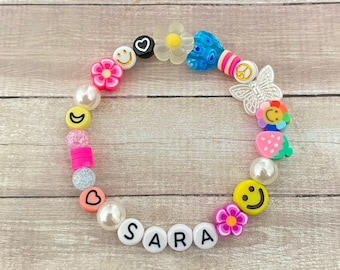 Name Bracelet, Initial Bracelet, Custom Name Bracelet, Name Bead Bracelet, Friendship Bracelet, Smiley Face Bracelet, Happy Face Bracelet