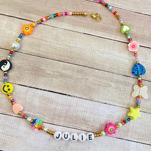 Rainbow Beaded Choker Custom Name Choker Stretch Bead Etsy