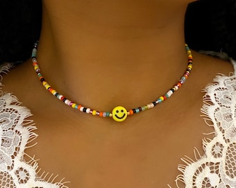 Rainbow Beaded Choker, Happy Face Choker, Smiley Face Choker, Seed Bead Choker, Stretchy Necklace, Y2K Choker, Boho Bead Choker