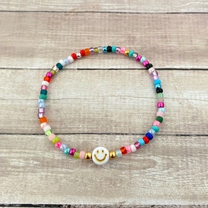 Rainbow Bracelet, Seed Bead Bracelet, Stretch Bracelet, Smiley Face Bracelet, Gold Bead Bracelet, Rainbow Bead Bracelet, Happy Face Bracelet