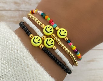 Rainbow Bracelet, Seed Bead Bracelet, Stretch Bracelet, Smiley Bracelet, Gold Bead Bracelet, Happy Face Bracelet, Yellow Smiley Bracelet
