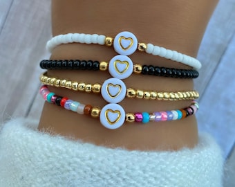 Seed Bead Bracelet, Stretchy Bracelet, Seed Bead Jewelry, White Bead Bracelet, Gold Bead Bracelet, Rainbow Beaded Bracelet, Heart Bracelet
