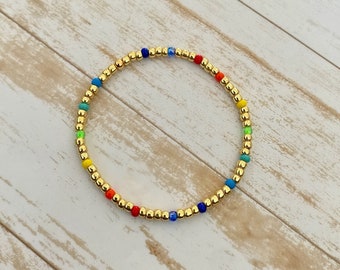 Gold Bead Bracelet, Rainbow Bracelet, Rainbow Seed Bracelet, Dainty Gold Bracelet, Stretchy Bracelet, Y2K jewelry, Multicolour Bracelet