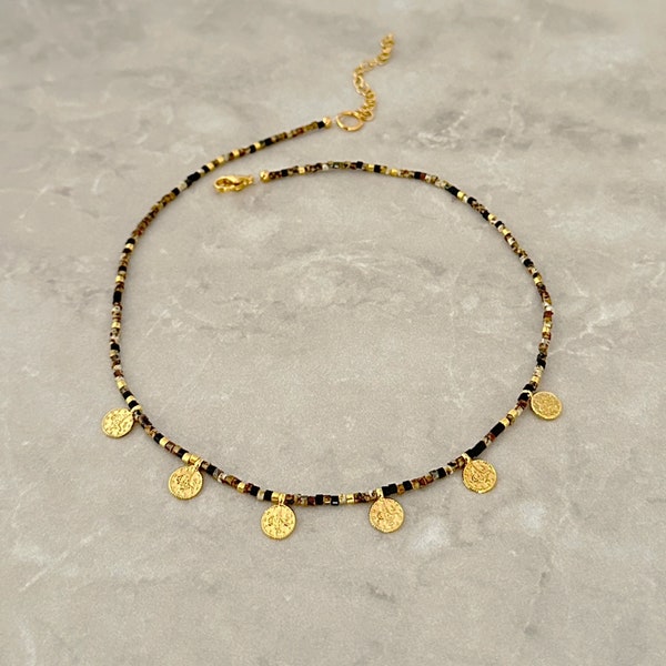 Gold coin choker, Gold coin necklace, Picasso beaded jewelry, Earth tone necklace , Seed bead choker, Mixed brown necklace, Stretchy Choker