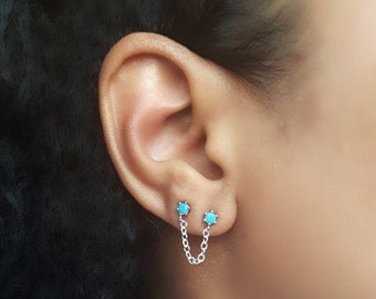 Turquoise Chain Earrings, CZ Chain Studs, Diamond Chain Earrings, Gold Chain Studs, Silver Chain Earrings, Turquoise Stud Earrings