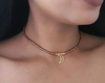 Beaded Choker, Stretch Choker, Seed Choker, Gold Choker, Bronze Bead Choker, Gold Crescent Choker, Delicate Beaded Choker, Brown Bead Choker