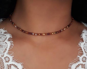 Brown Beaded Choker - Gold Beaded Choker - Gold Seed Choker - Bronze Bead Choker - Bronze Bead Necklace - Topaz Bead Choker