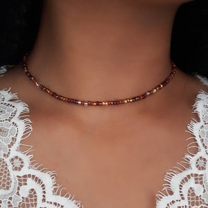 Brown Beaded Choker - Gold Beaded Choker - Gold Seed Choker - Bronze Bead Choker - Bronze Bead Necklace - Topaz Bead Choker